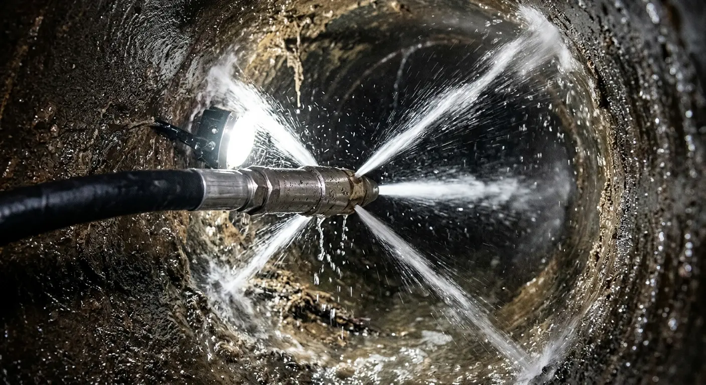 High-pressure hydro jetting nozzle cleaning sewer pipe for Trenchless Sewer Repair in Riverside