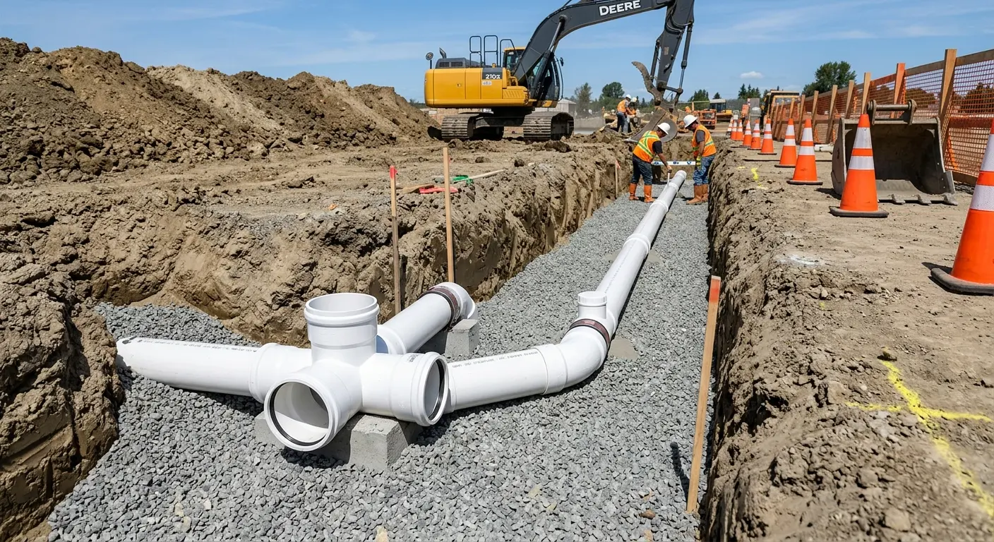 New PVC sewer pipe installation in open trench for Grease Trap Cleaning in Riverside