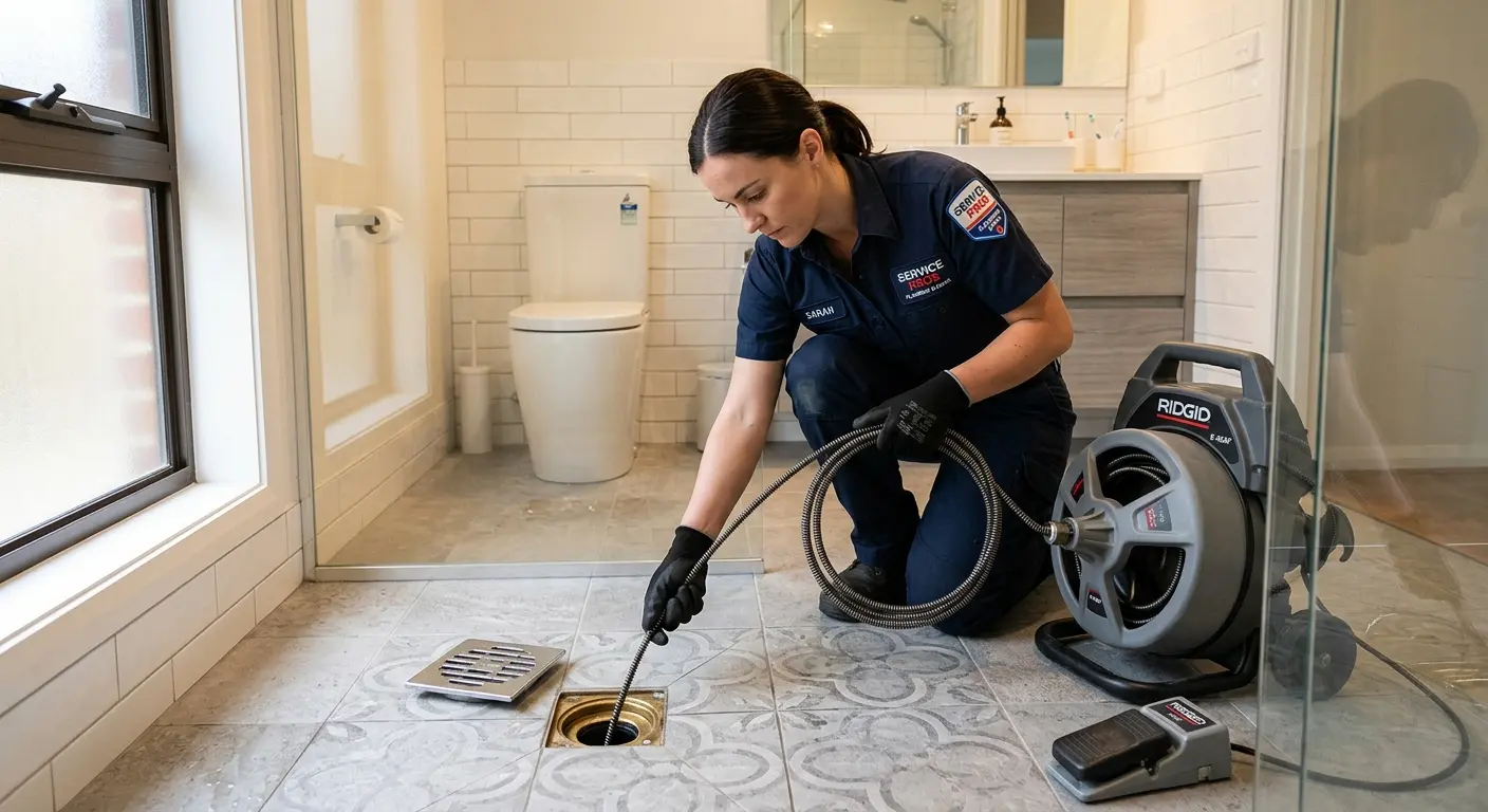 Technician clearing a bathroom floor drain for Hydro Jetting in Riverside